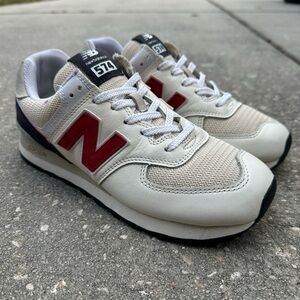 New Balance 574 Sea Salt Navy White Red Leather Shoes Sneakers Men's Size 8